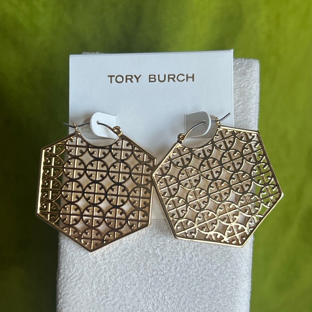 Tory Burch Gold Tone Hexagonal Filigree Drop Earrings
